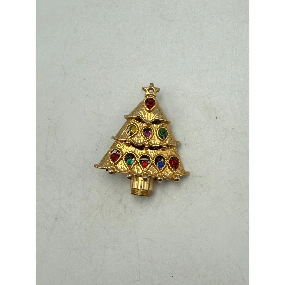 Vintage Gold Tone Christmas Tree Brooch Multi Color Rhinestone Holiday Pin